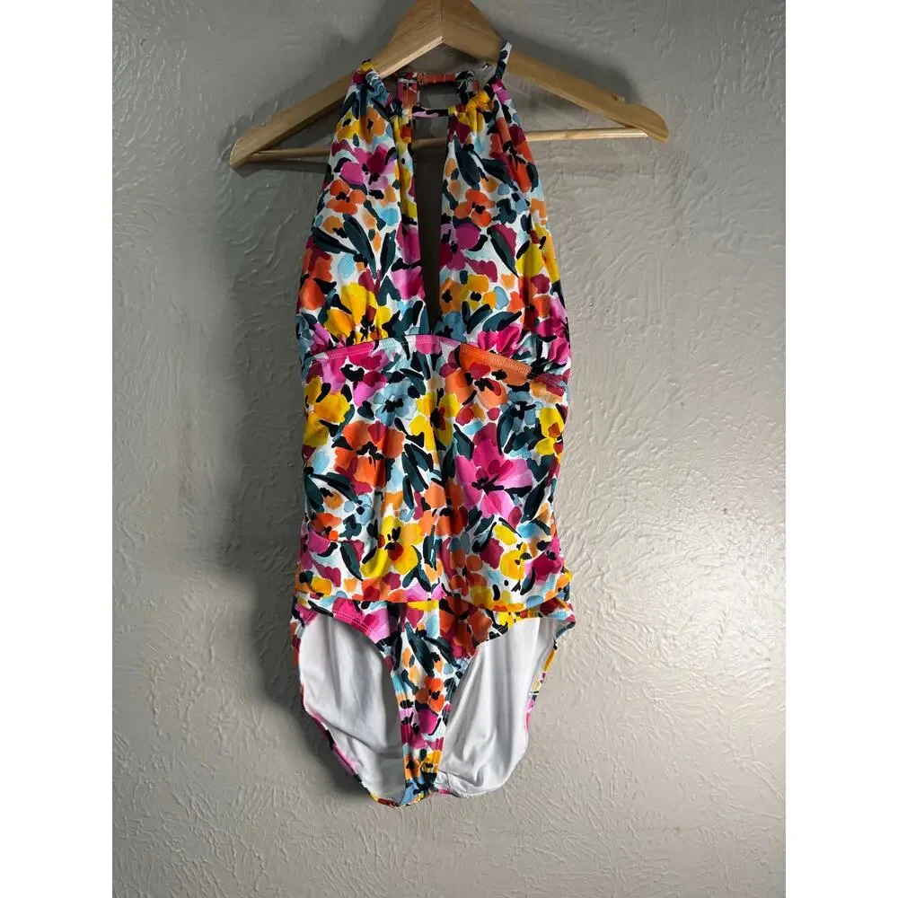 Ann Cole Deep V Floral One Piece Swimsuit Size 14